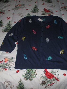 NWT Talbots Pineapple  Cardigan Womens Size XL Navy Blue Cotton Blend Button $89